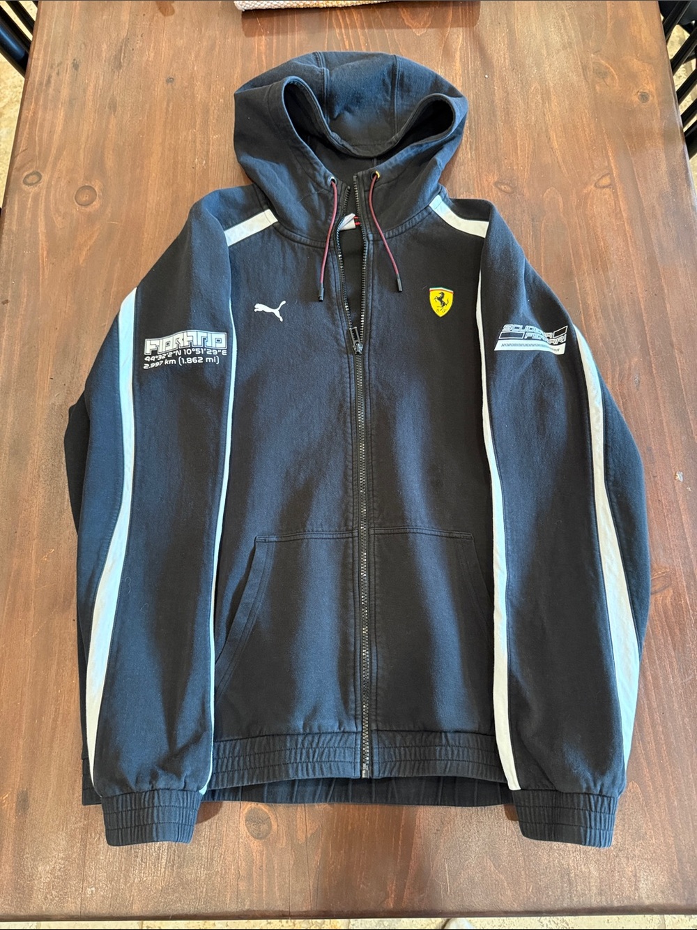Puma Black Zip Hoodie with White Stripes and Yellow Ferrari Shield